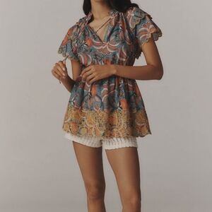 Farm Rio Floral Blouse Size XS Ruffled Sleeves Boho Embroidered Chic Feminine